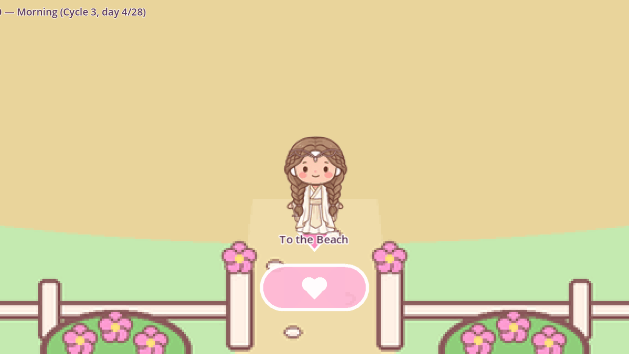 In-game screenshot: the player character in a long white gown stands on a sandy path between a white fence and pink flower bushes, at the exit marked To the Beach.