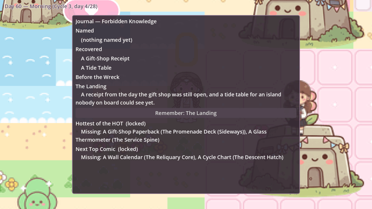 In-game screenshot of the Journal of Forbidden Knowledge, with sections for Named tactics, Recovered pieces such as A Gift-Shop Receipt and A Tide Table, and locked cruise flashbacks.