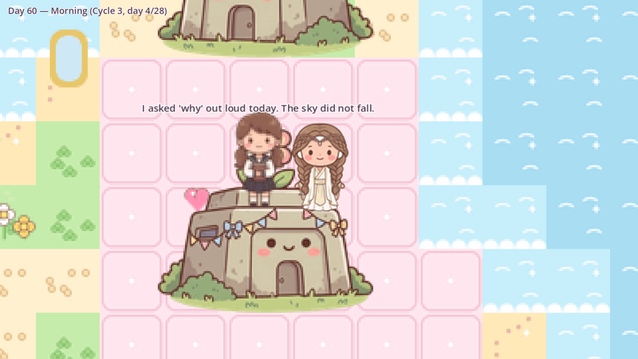 In-game screenshot of the village: a villager on a stone hut says, I asked 'why' out loud today. The sky did not fall.